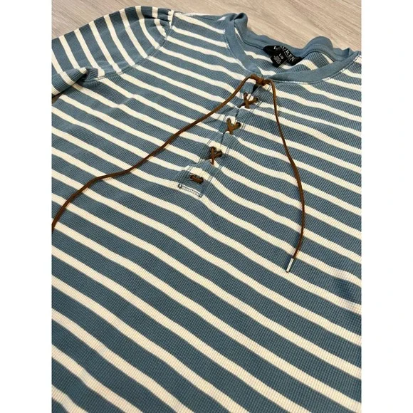 Lauren Ralph Lauren Women Top Striped Henley Long Sleeve Lace Up Blue White Sz L - Picture 4 of 14